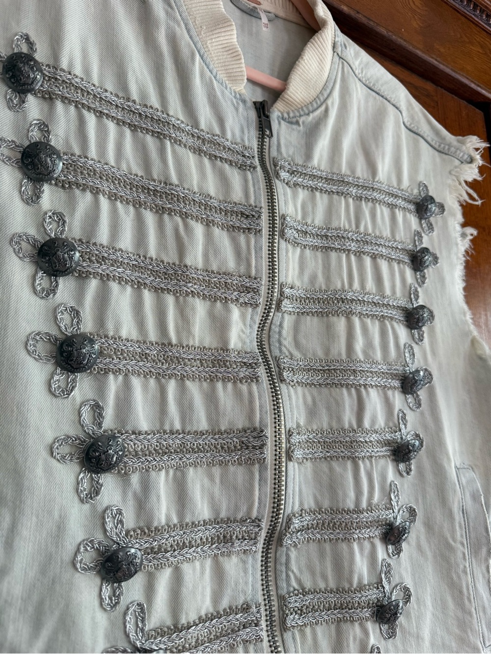 FREE PEOPLE Festival Military Zip Up Vest Light Wash Denim 100% Cotton XS/S - Picture 3 of 8
